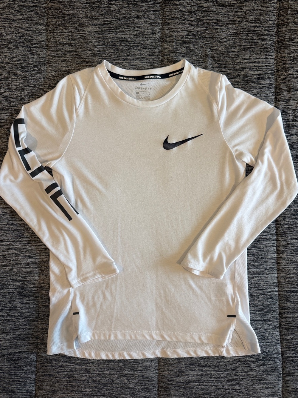 Nike White Long-Sleeve Dri-FIT Tee with Black Swoosh and Sleeve Graphics